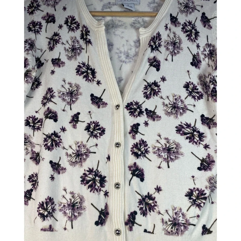 Carmen Marc Valvo Womens Floral‎ Snap Front Cardigan White Purple 3/4 Sleeve S